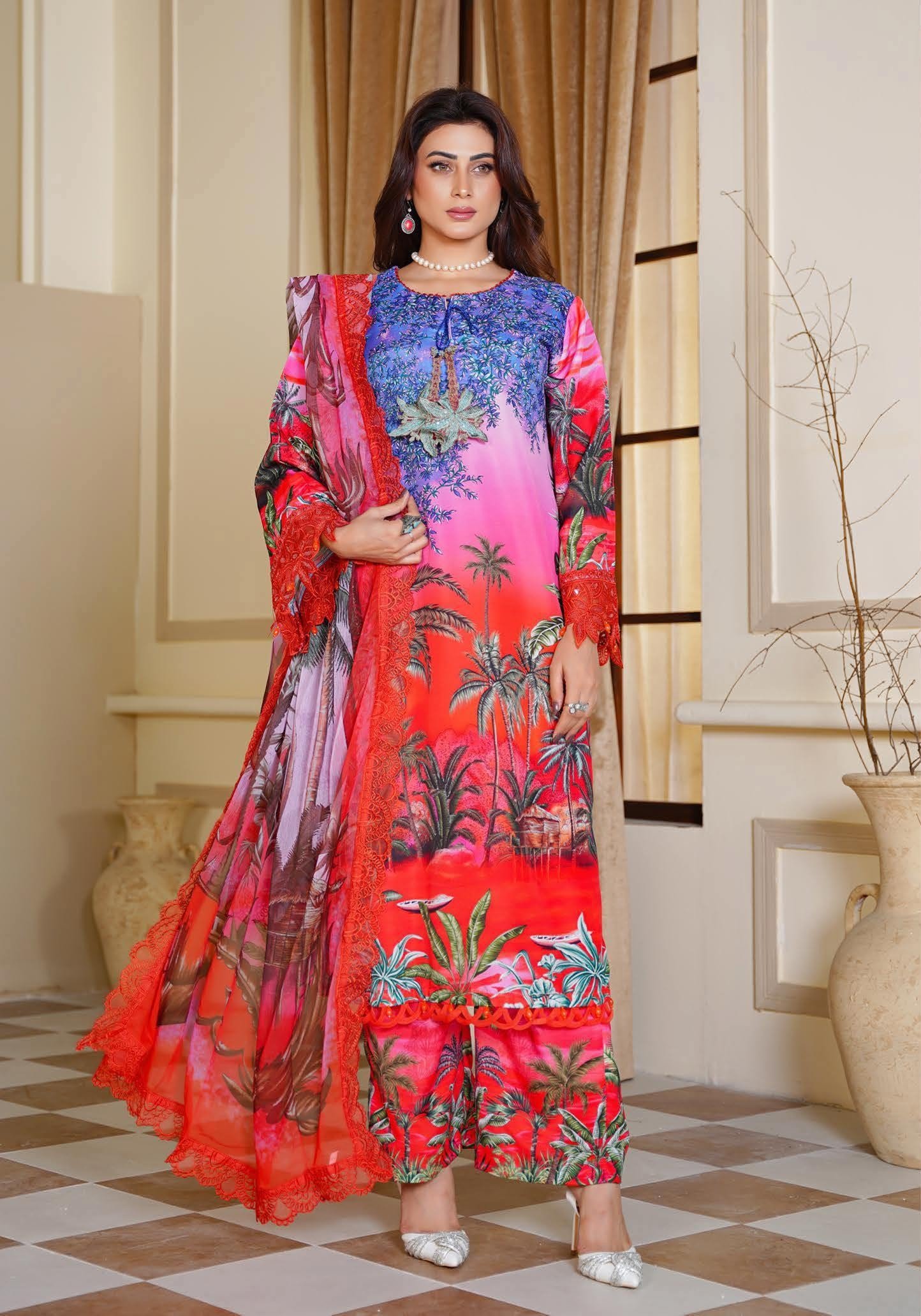 Sajni M.Prints - Terracotta Ethnic Lawn Suit with Chiffon Dupatta - Image 3