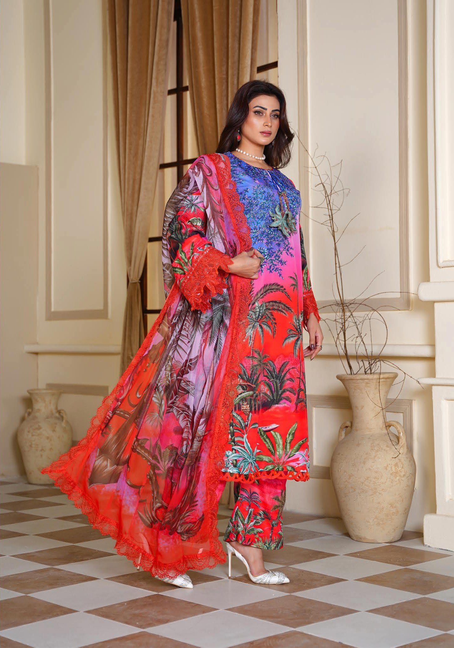 Sajni M.Prints - Terracotta Ethnic Lawn Suit with Chiffon Dupatta - Image 6