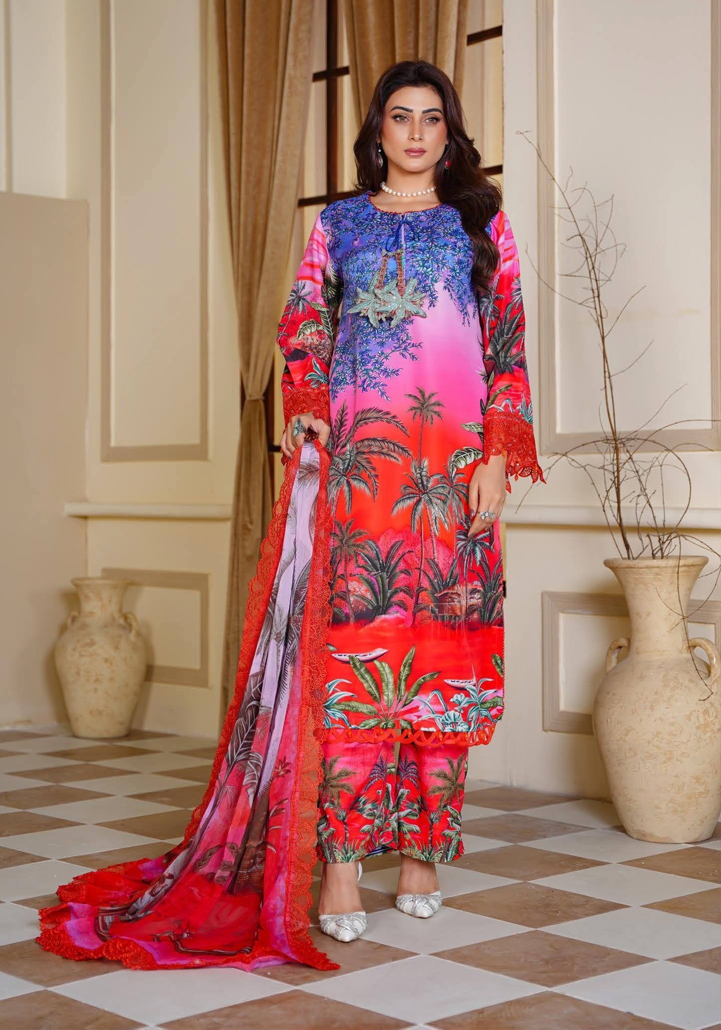 Sajni M.Prints - Terracotta Ethnic Lawn Suit with Chiffon Dupatta