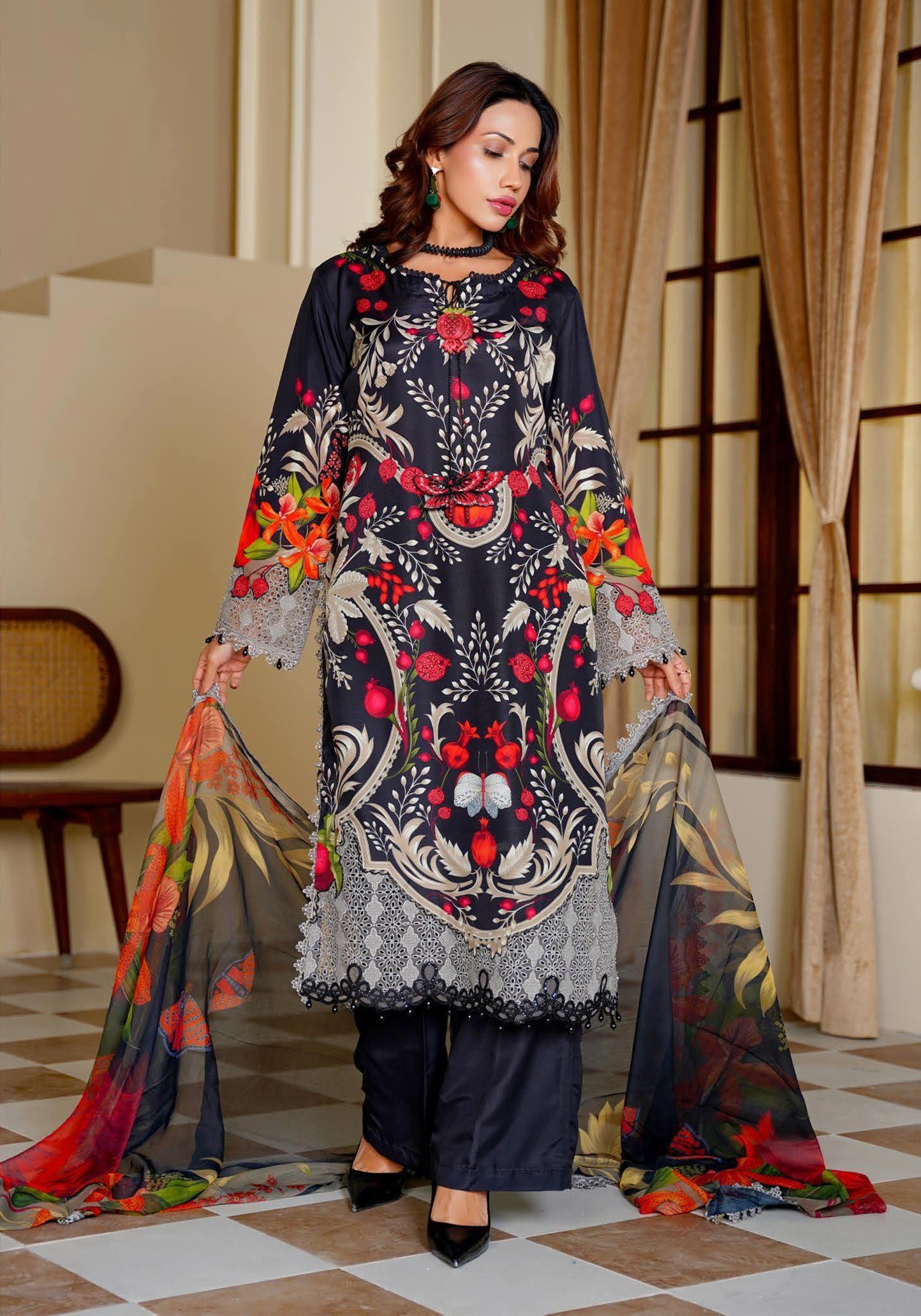Sajni M.Prints - Golden Amber Floral Lawn Suit with Chiffon Dupatta - Image 2