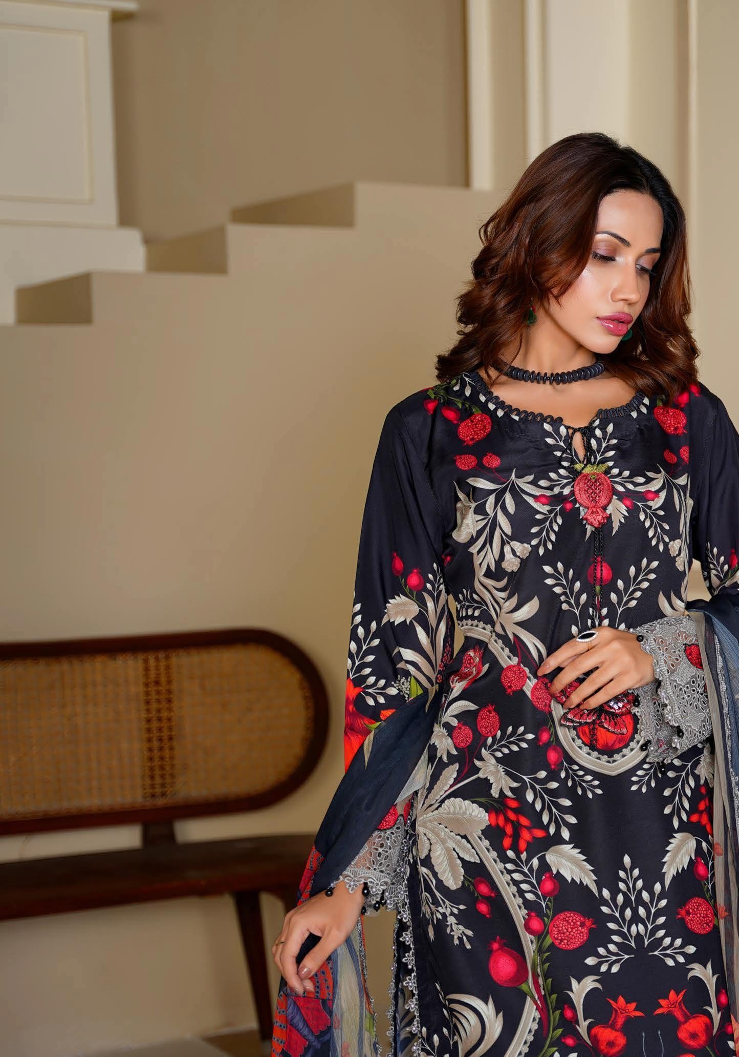 Sajni M.Prints - Golden Amber Floral Lawn Suit with Chiffon Dupatta - Image 3