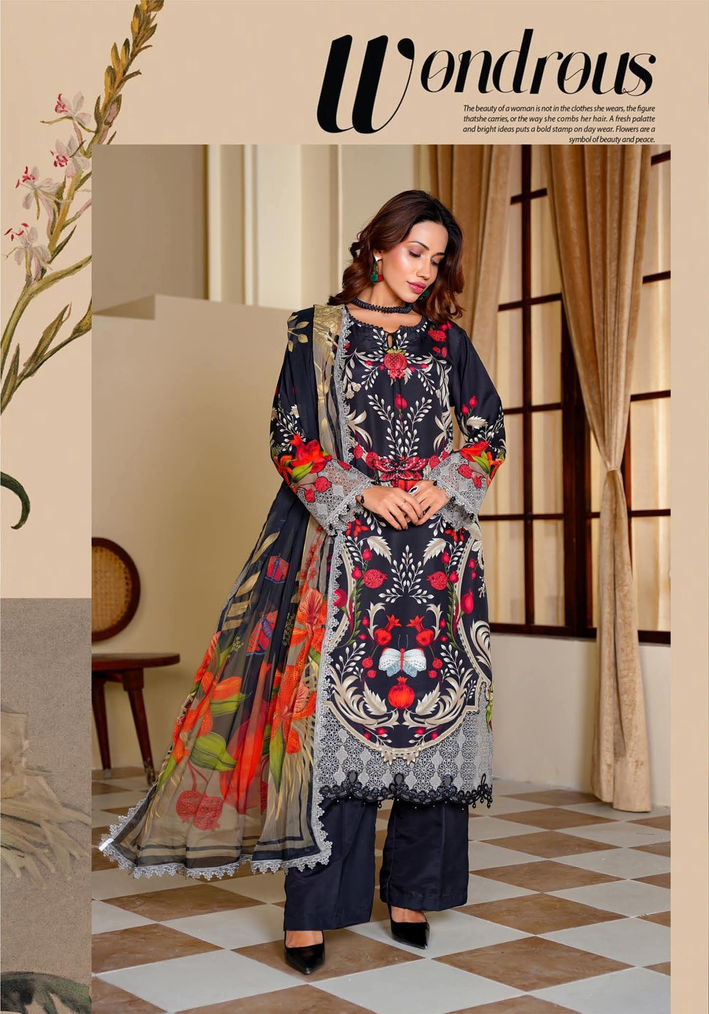 Sajni M.Prints - Golden Amber Floral Lawn Suit with Chiffon Dupatta - Image 5