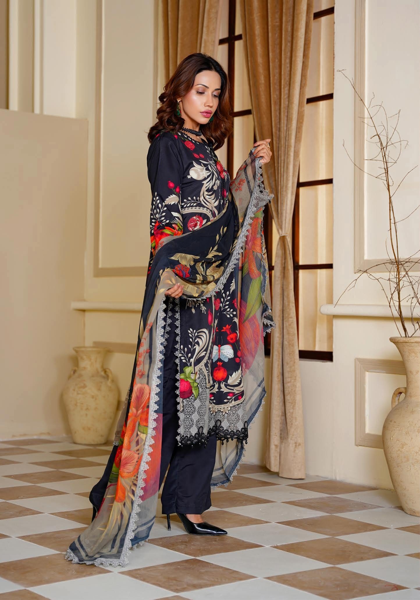 Sajni M.Prints - Golden Amber Floral Lawn Suit with Chiffon Dupatta - Image 7