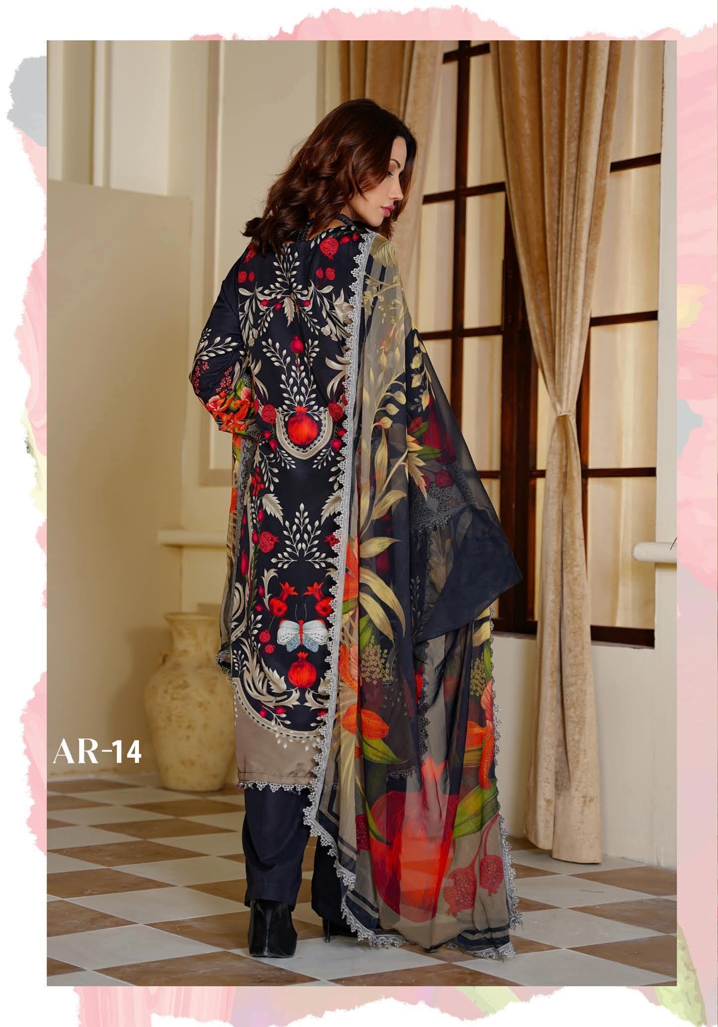 Sajni M.Prints - Golden Amber Floral Lawn Suit with Chiffon Dupatta