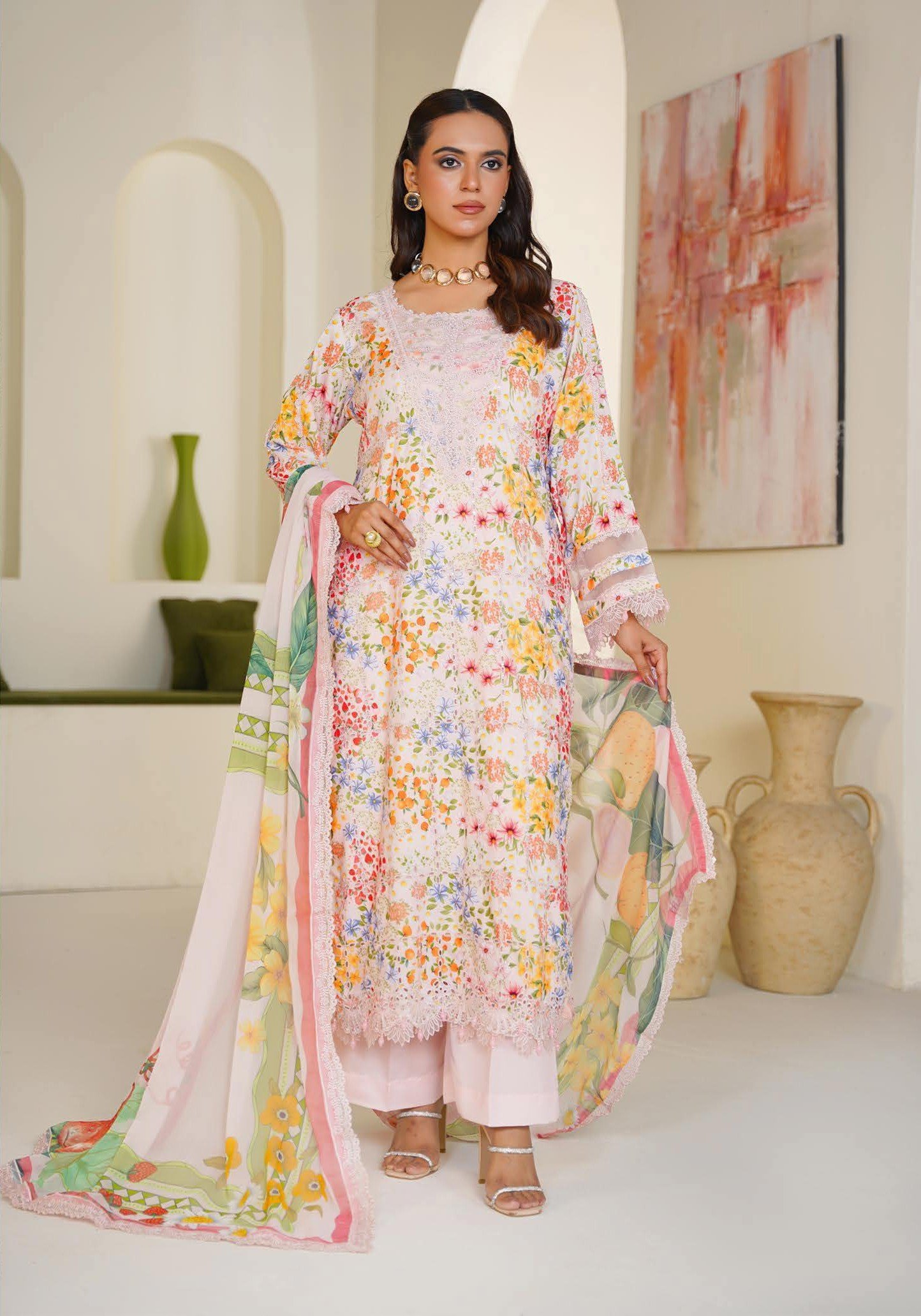 Sajni M.Prints - Peach Meadow Floral Lawn Suit with Chiffon Dupatta - Image 2