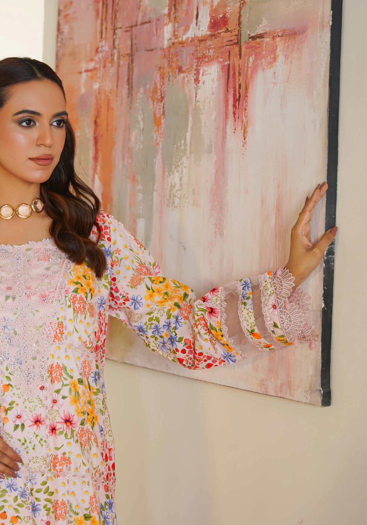 Sajni M.Prints - Peach Meadow Floral Lawn Suit with Chiffon Dupatta - Image 4
