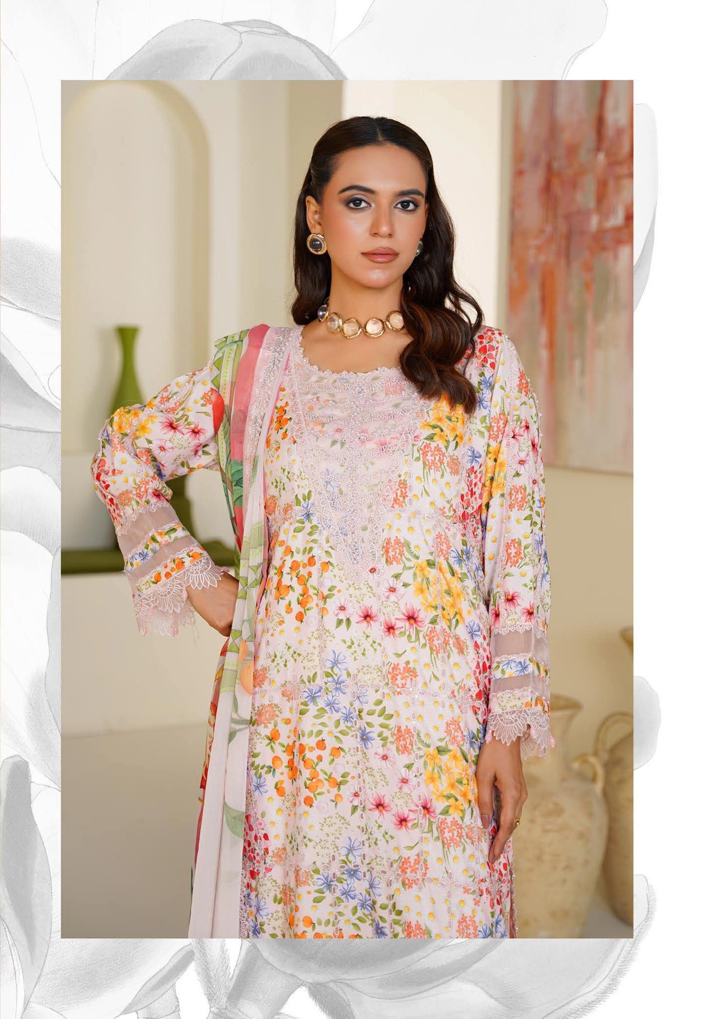 Sajni M.Prints - Peach Meadow Floral Lawn Suit with Chiffon Dupatta - Image 6