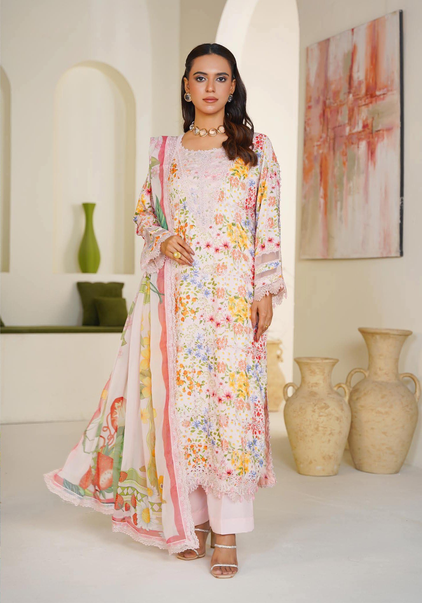 Sajni M.Prints - Peach Meadow Floral Lawn Suit with Chiffon Dupatta - Image 8
