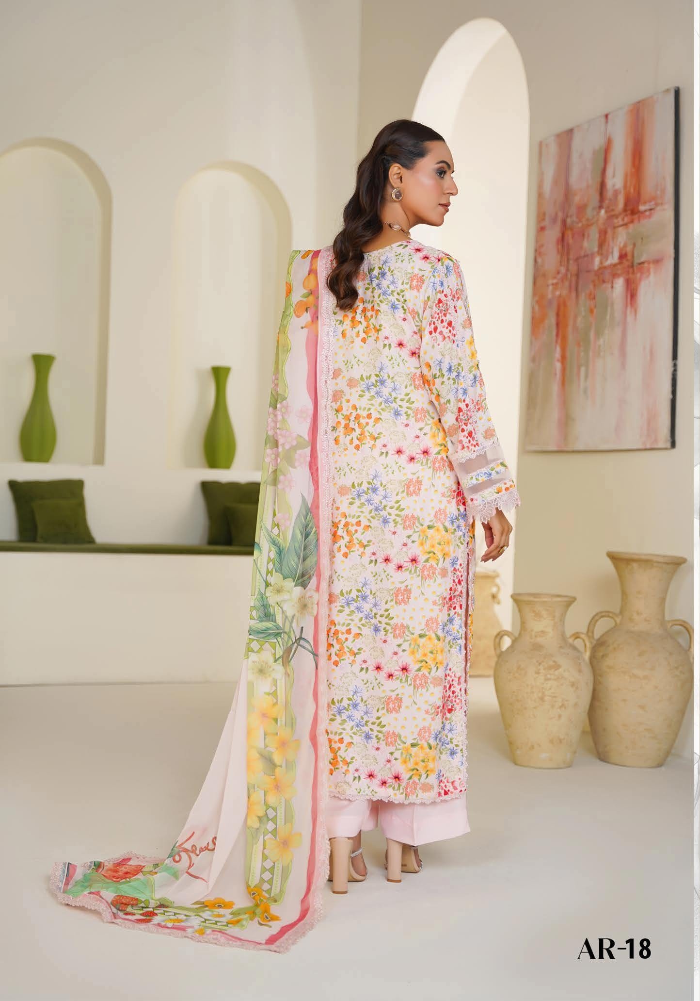 Sajni M.Prints - Peach Meadow Floral Lawn Suit with Chiffon Dupatta