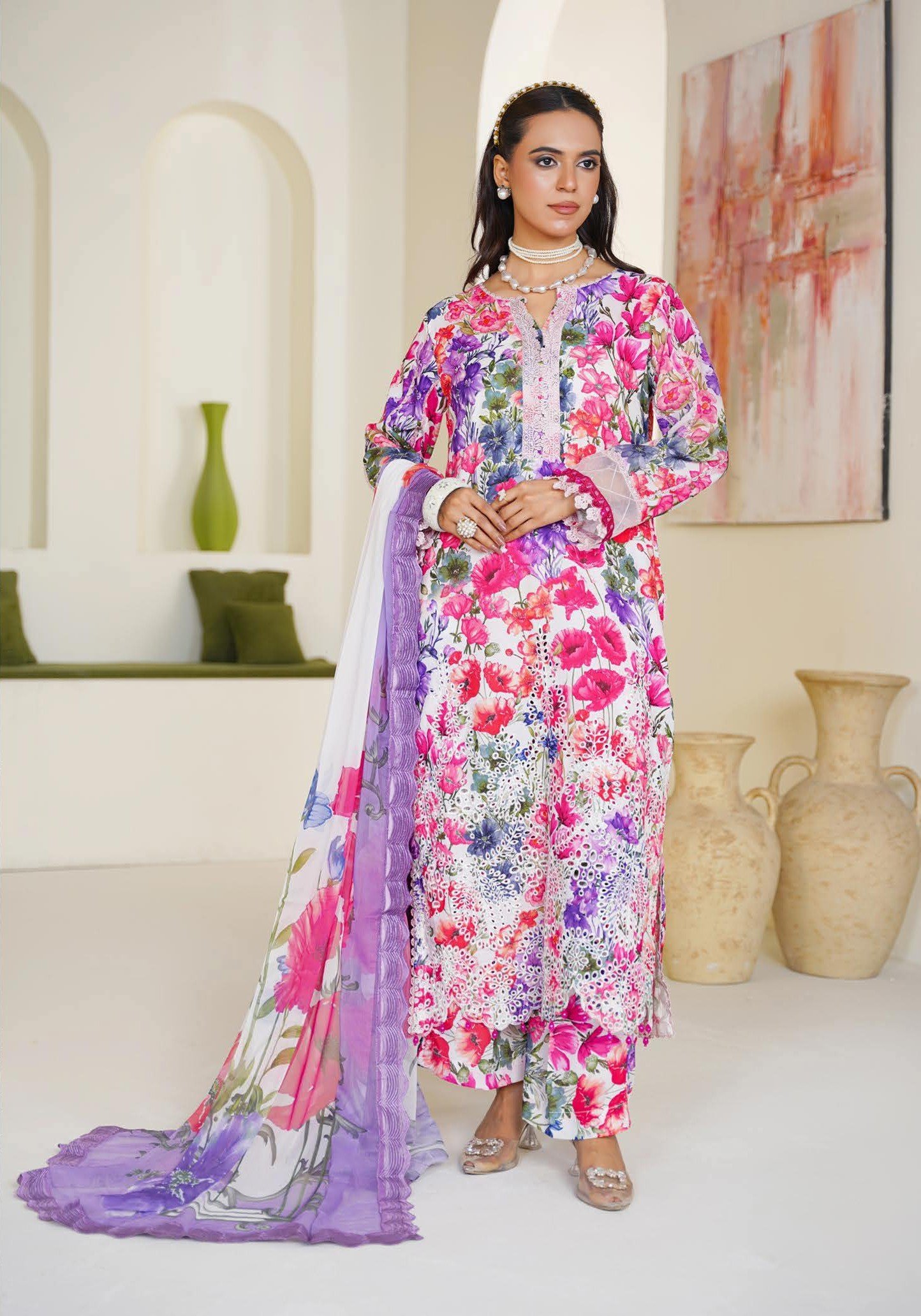 Sajni M.Prints - Magenta Poppy Lawn Suit with Chiffon Dupatta - Image 2