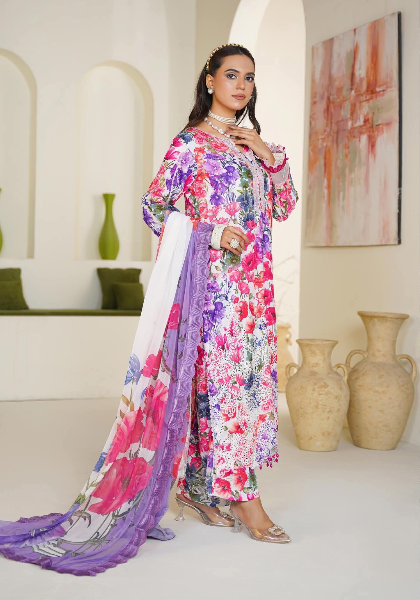 Sajni M.Prints - Magenta Poppy Lawn Suit with Chiffon Dupatta - Image 7
