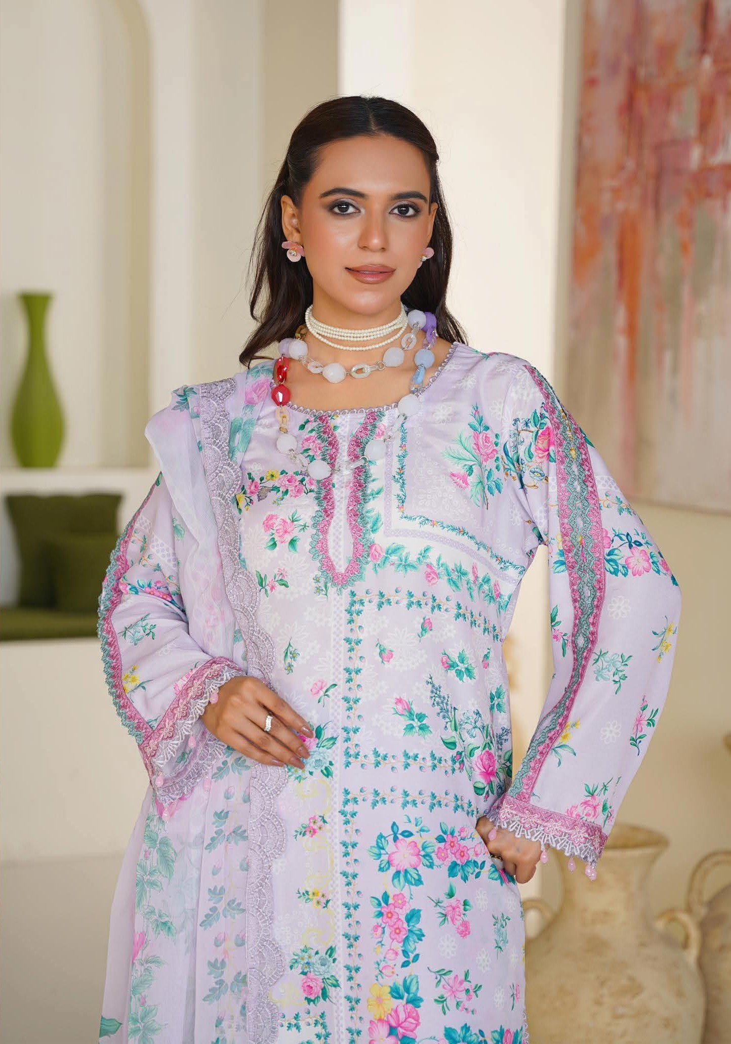 Sajni M.Prints - Lavender Lilac Floral Lawn Suit with Chiffon Dupatta - Image 4