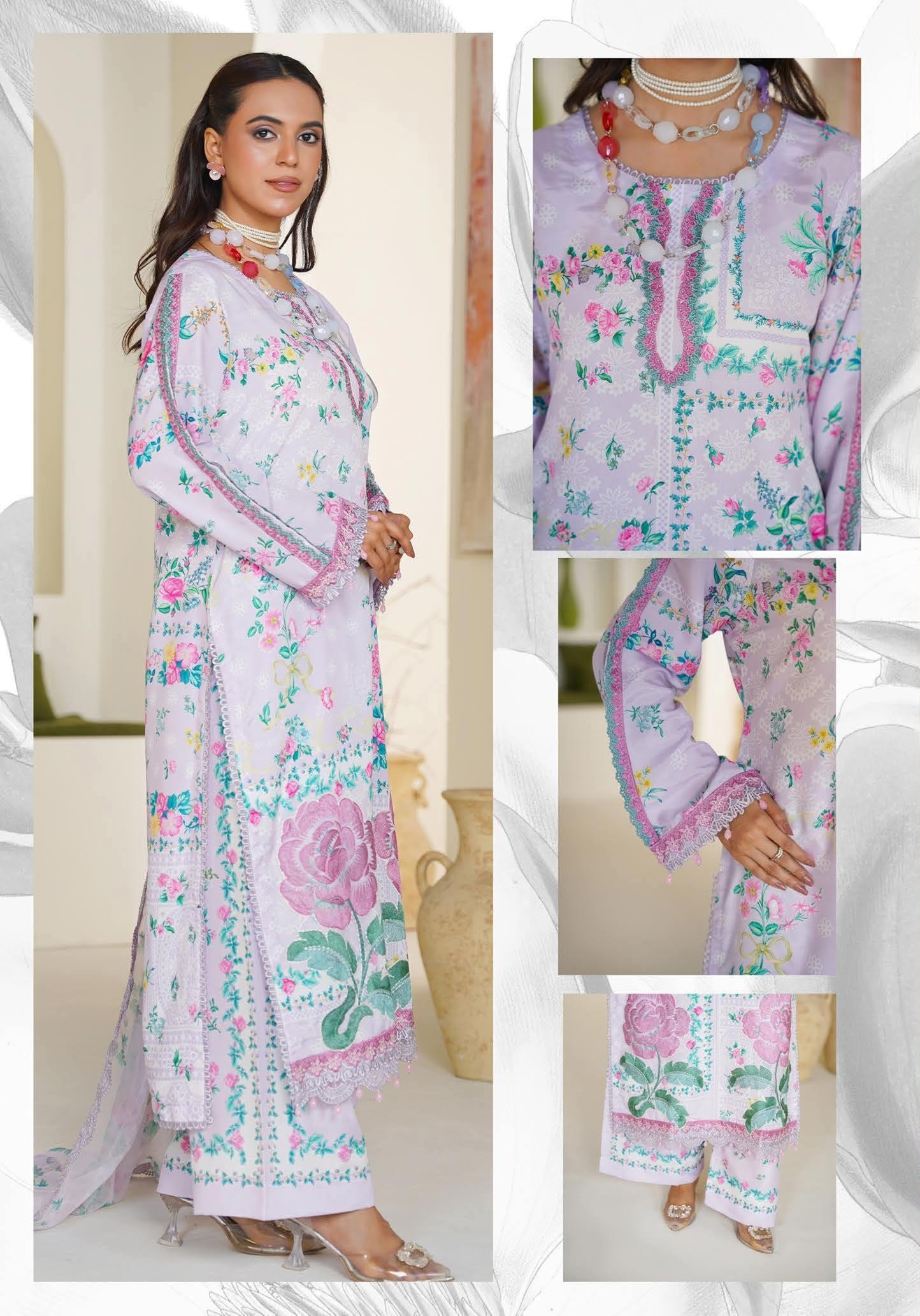 Sajni M.Prints - Lavender Lilac Floral Lawn Suit with Chiffon Dupatta - Image 5