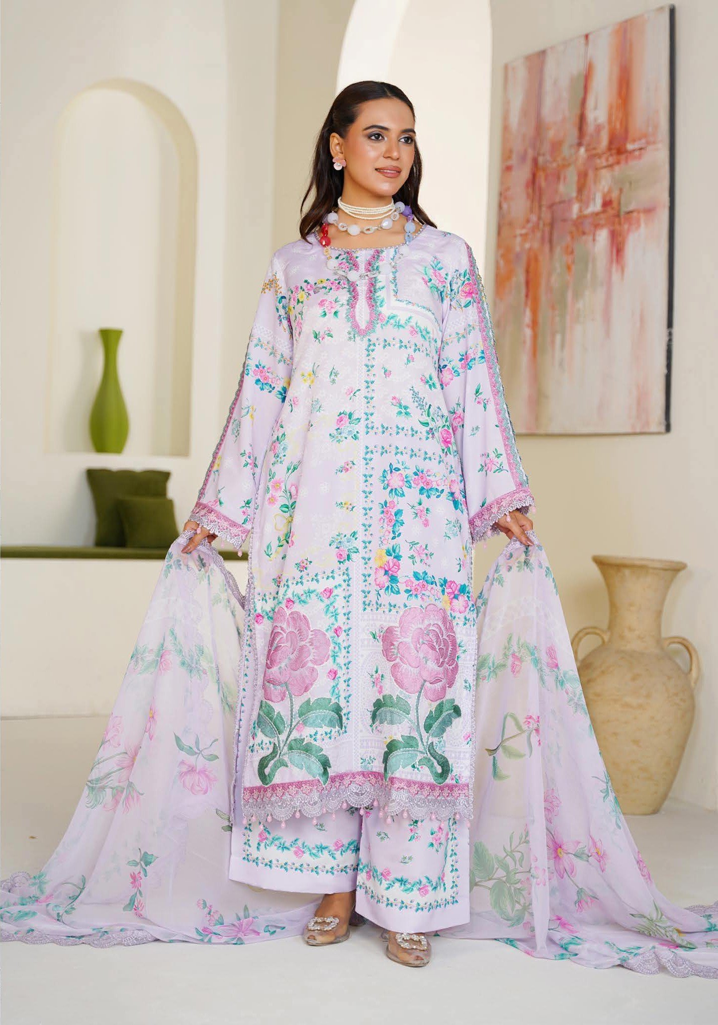 Sajni M.Prints - Lavender Lilac Floral Lawn Suit with Chiffon Dupatta - Image 6