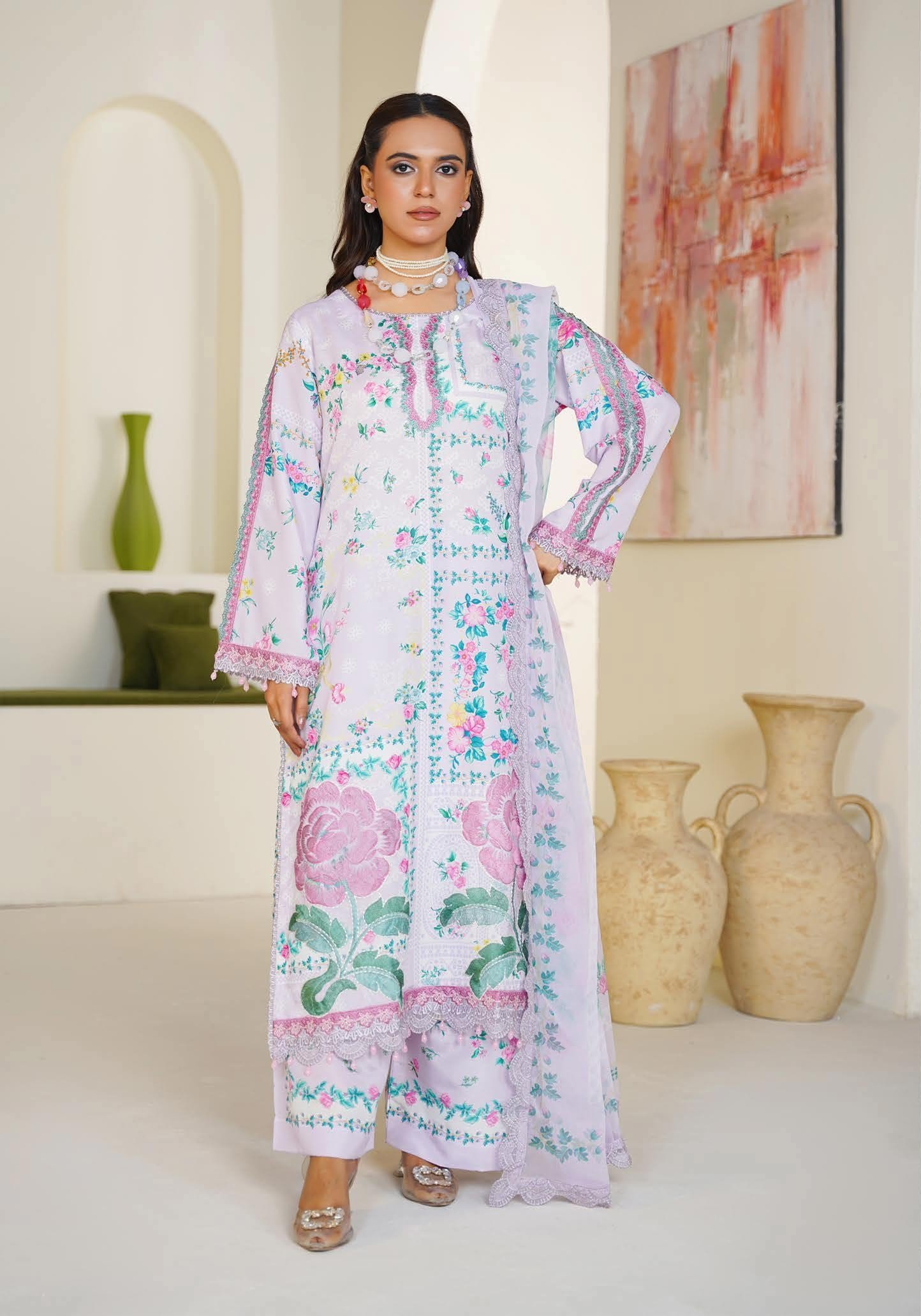 Sajni M.Prints - Lavender Lilac Floral Lawn Suit with Chiffon Dupatta