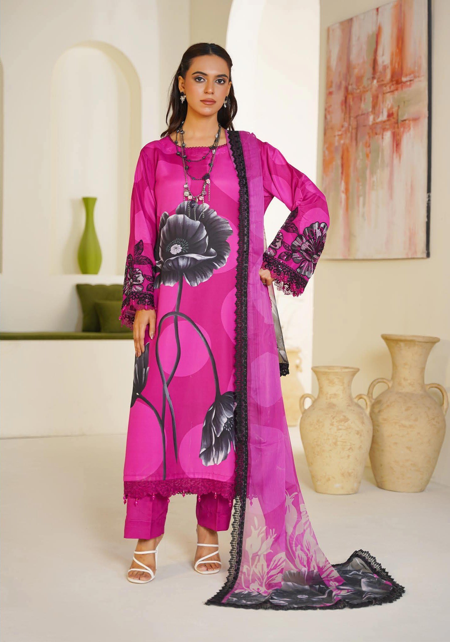 Sajni M.Prints - Dusty Rose Lawn Suit with Chiffon Dupatta - Image 2