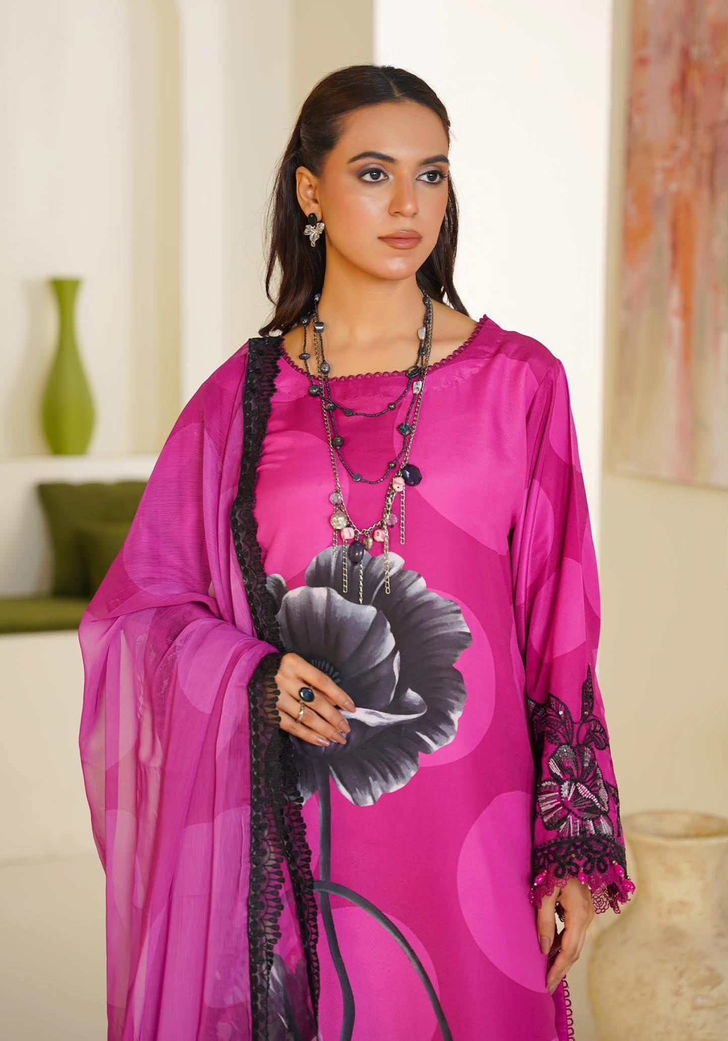 Sajni M.Prints - Dusty Rose Lawn Suit with Chiffon Dupatta - Image 3