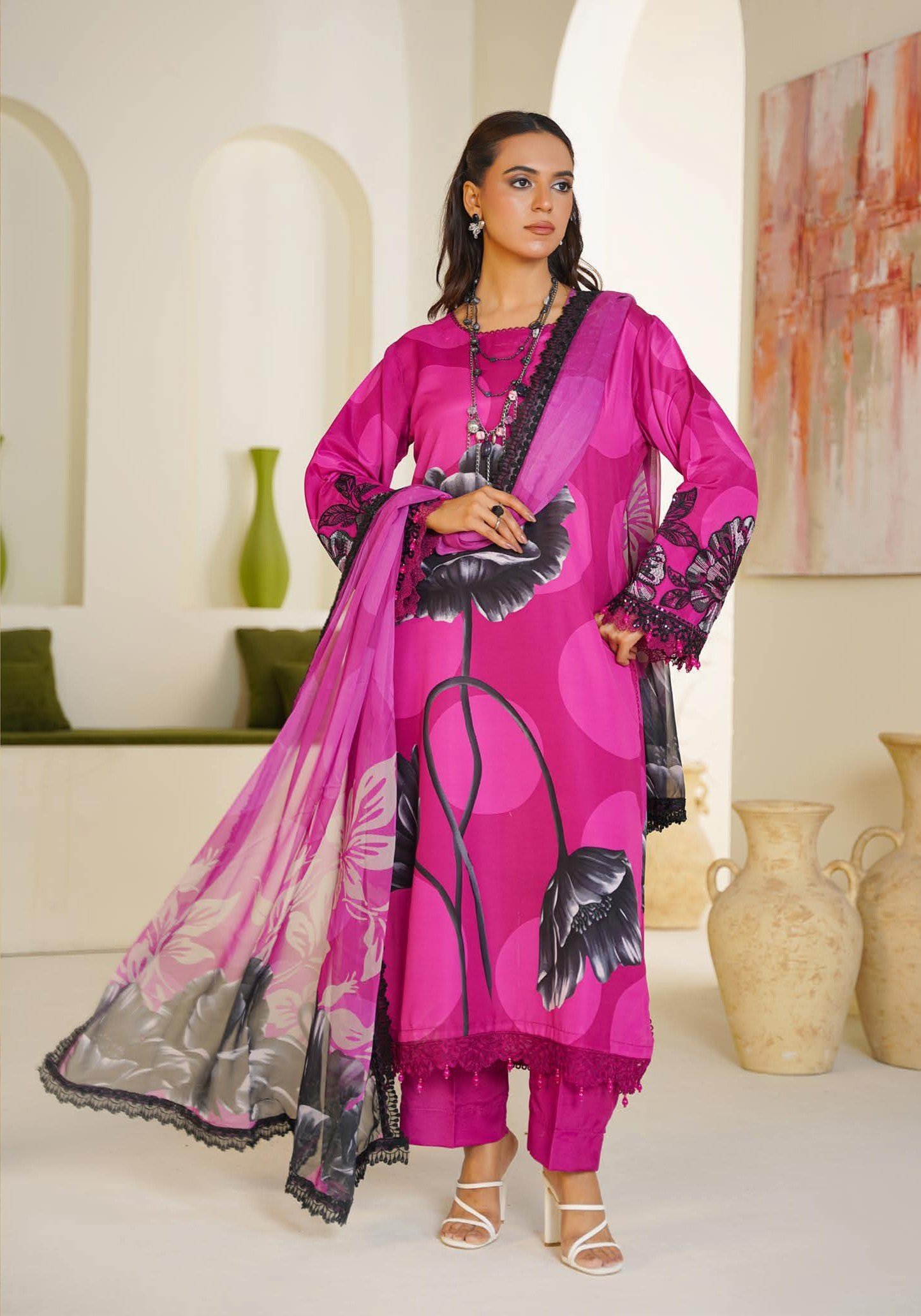 Sajni M.Prints - Dusty Rose Lawn Suit with Chiffon Dupatta - Image 4
