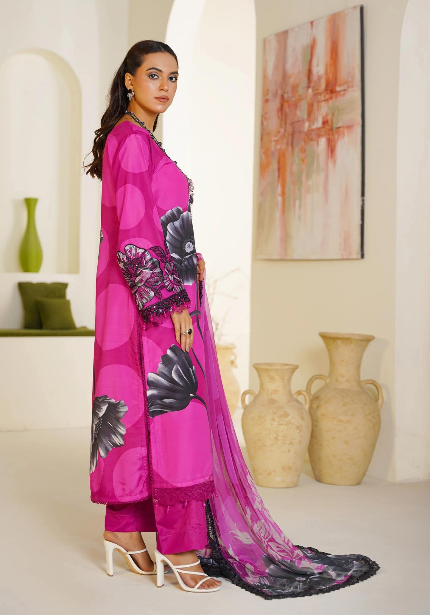 Sajni M.Prints - Dusty Rose Lawn Suit with Chiffon Dupatta - Image 5