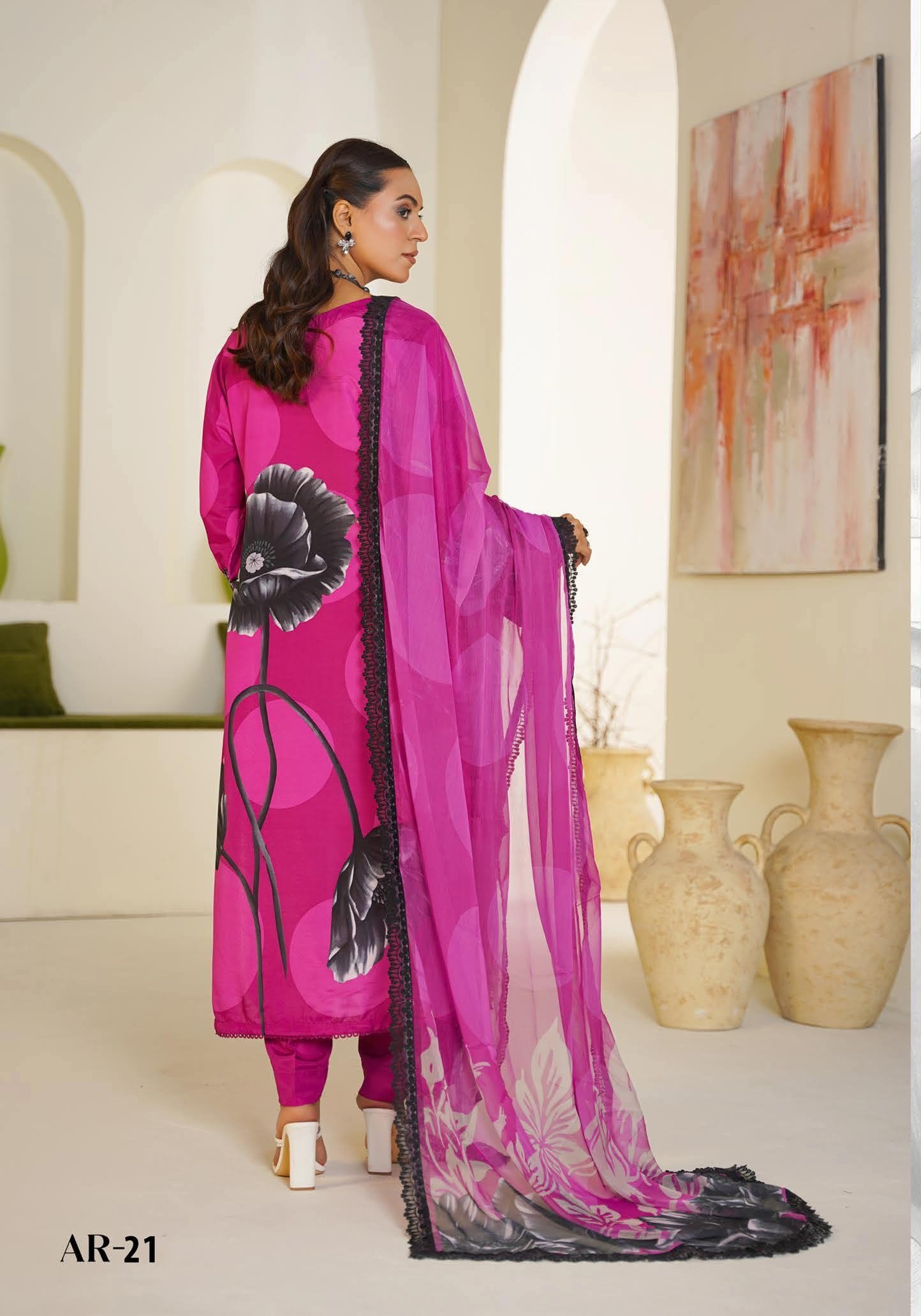 Sajni M.Prints - Dusty Rose Lawn Suit with Chiffon Dupatta
