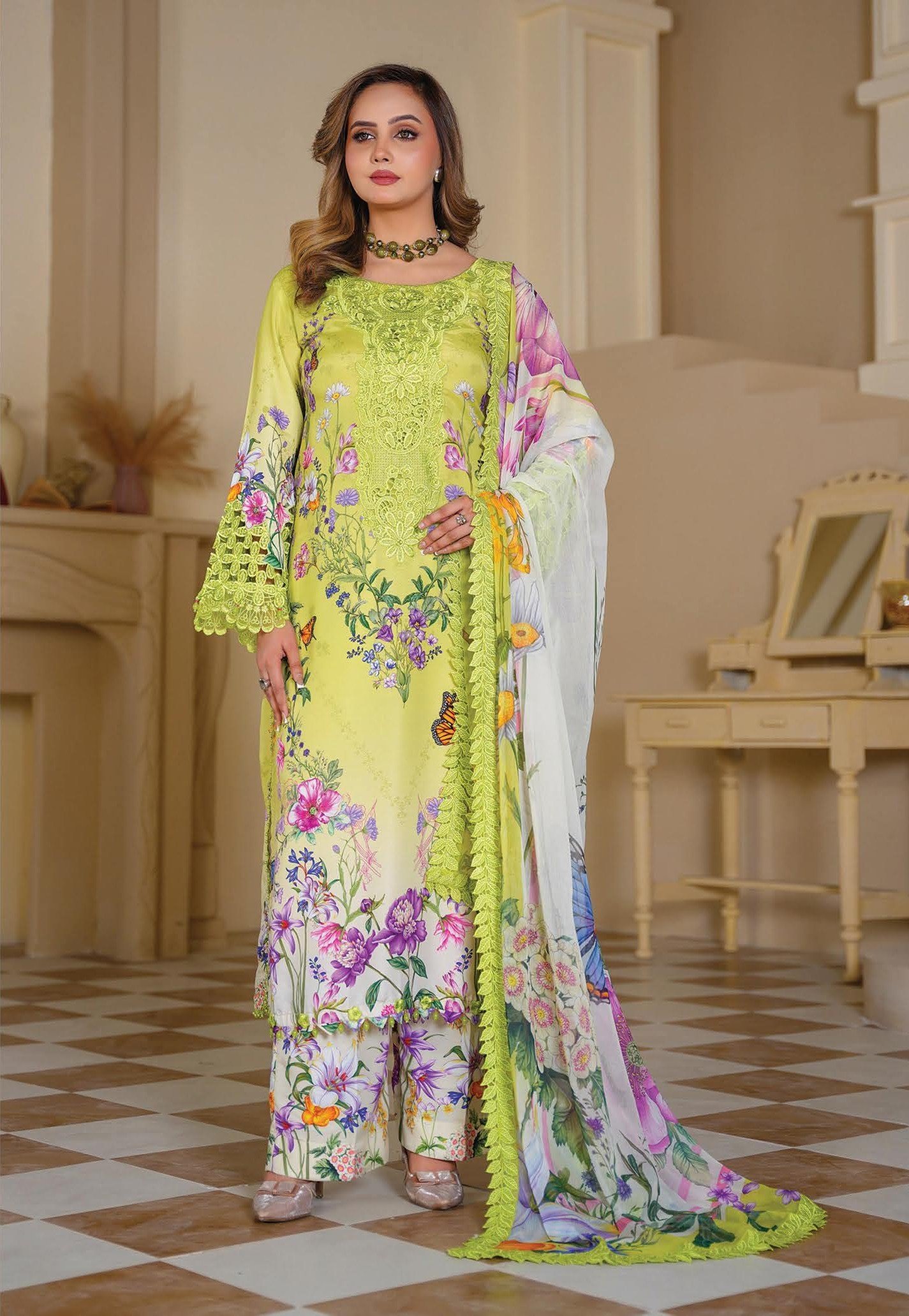 Sajni M.Prints - Ivory Jasmine Lawn Suit with Chiffon Dupatta - Image 2