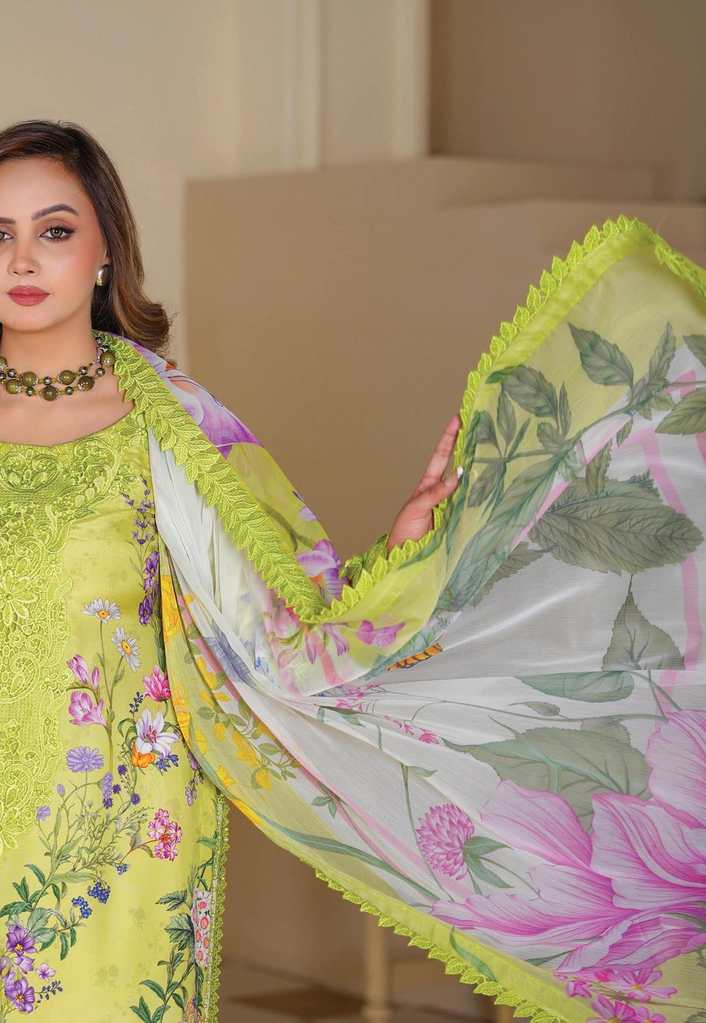 Sajni M.Prints - Ivory Jasmine Lawn Suit with Chiffon Dupatta - Image 4